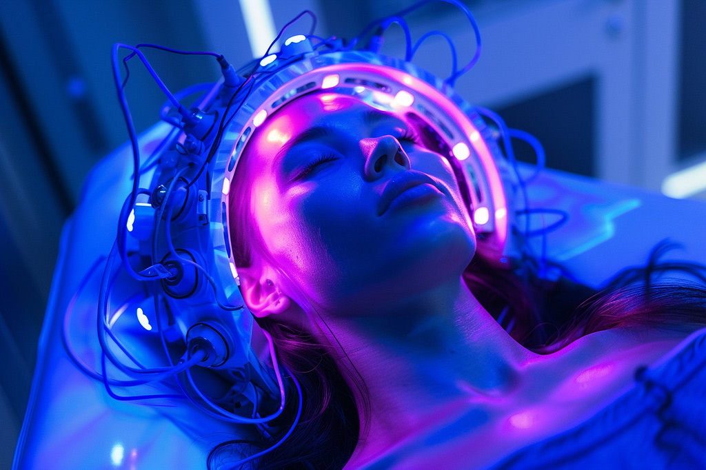 vrouw slaap in een slaapkliniek met een geavanceerd EEG apparaat op haar hoofd.