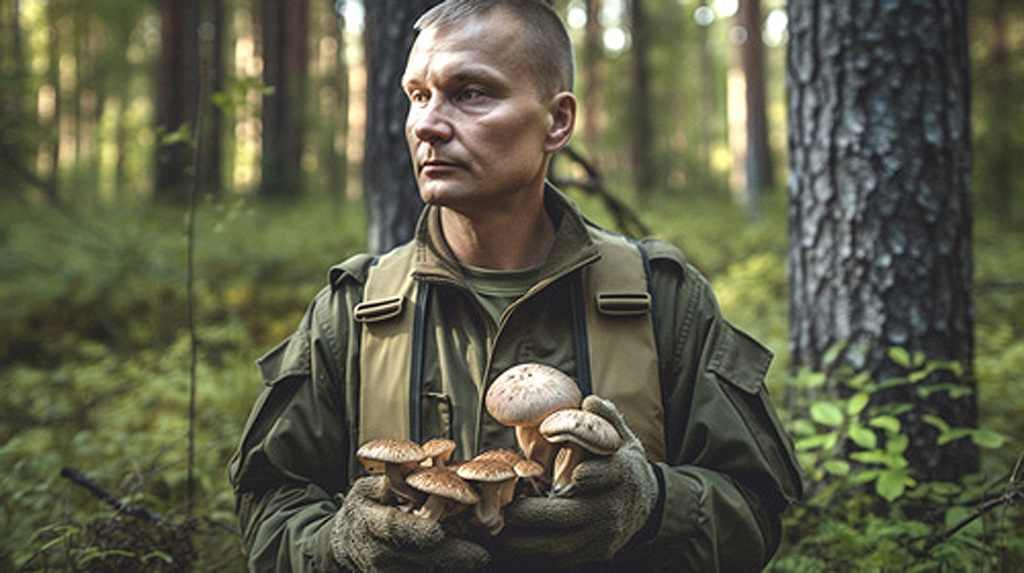 guerilla man oogst paddenstoelen in het bos