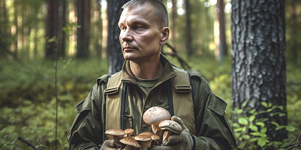 guerilla man oogst paddenstoelen in het bos