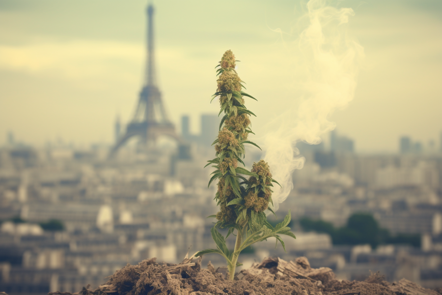 Cannabisplant met de Eiffeltoren op de achtergrond