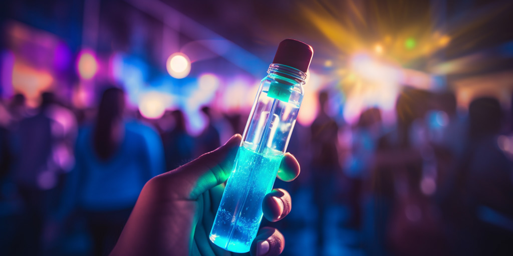 Blue liquid in a glass vial at a party scene.